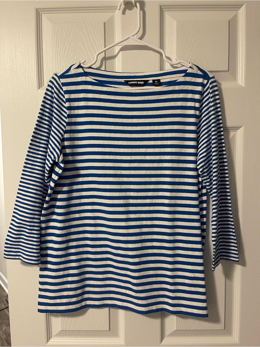 Women’s Lands' End 100% Cotton White and Blue Striped Crewneck Top
